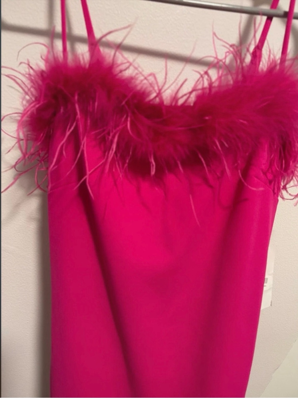 B Darlin Feather-Trim Spaghetti Strap Dress in Hot Pink